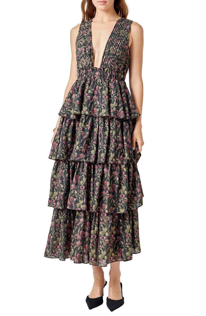 Endless Rose Tiered Floral Sleeveless Maxi Dress, Main, color, Black Multi