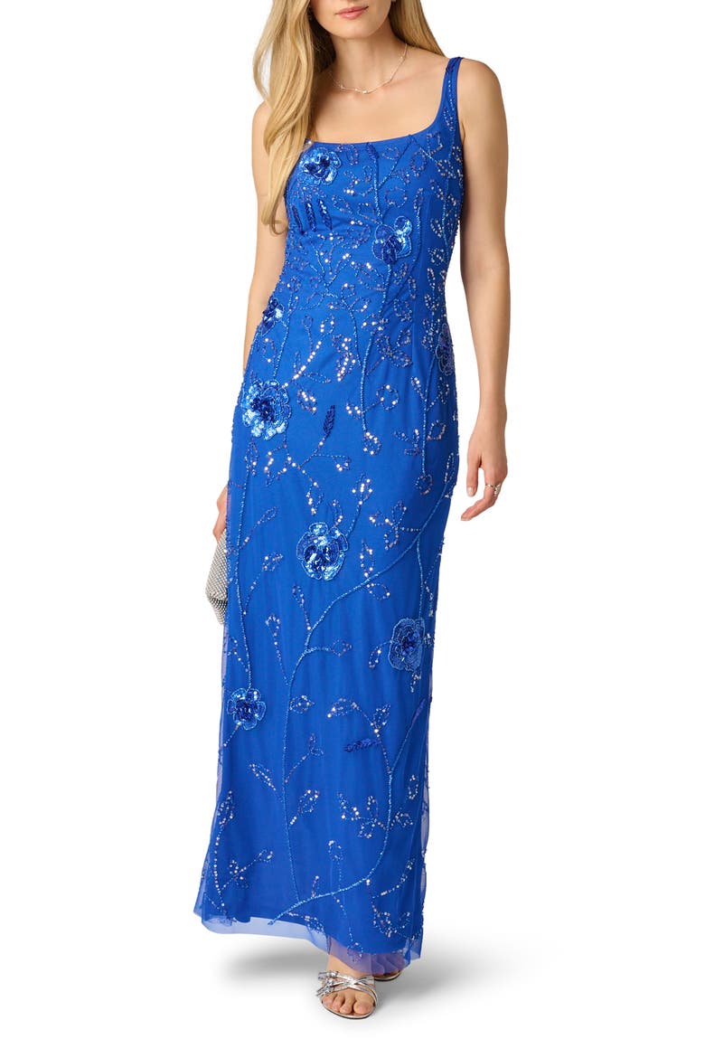 Beaded Mesh Column Gown, Alternate, color, BRILLIANT SAPPHIRE