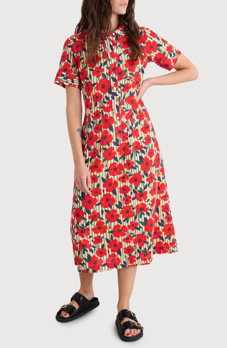 Seasalt Cornwall Birch Glade Floral Organic Cotton Midi Shirtdress, Main, color, Stripey Floral Moss