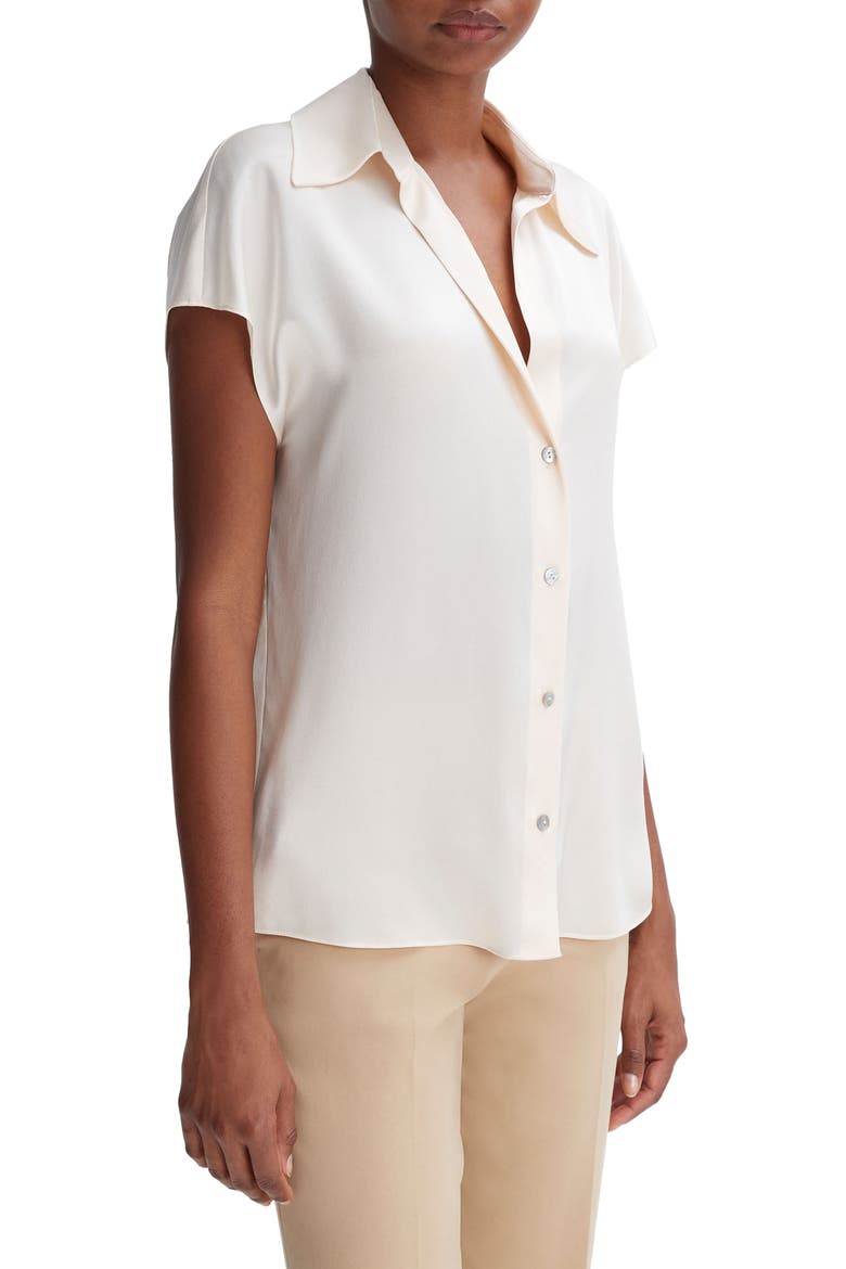 Cap Sleeve Gathered Back Short Sleeve Silk Button-Up Shirt, Alternate, color, CHIFFON