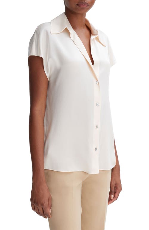 Vince Cap Sleeve Gathered Back Short Sleeve Silk Button-up Shirt In White
