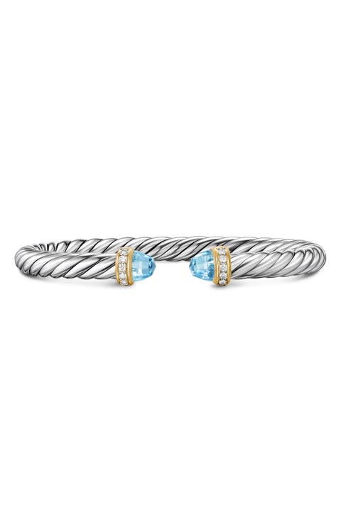 Cable Flex Bracelet in Sterling Silver with 14K Gold, Prasiolite & Diamonds, 6mm