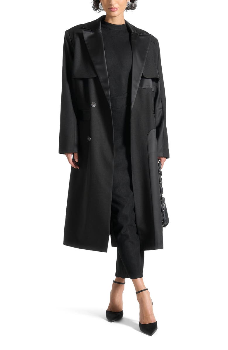 Manière De Voir Ilona Tailored Satin Trench Coat, Alternate, color, Black