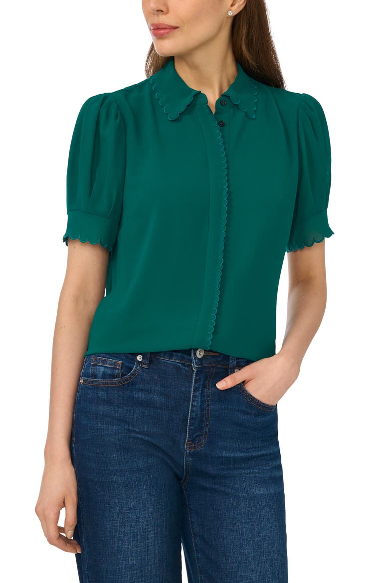Scallop Trim Button-Up Shirt, Main, color, DEEP SPRUCE