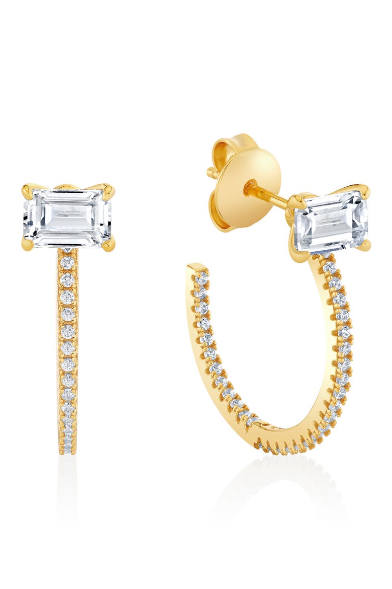Baguette-Cut Cubic Zirconia Pavé Huggie Hoop Earrings, Main, color, 18KT YELLOW GOLD / CLEAR STONE