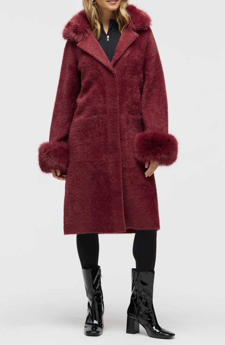 NVLT Faux Fur Trim Longline Sweater Coat, Main, color, Winetasting