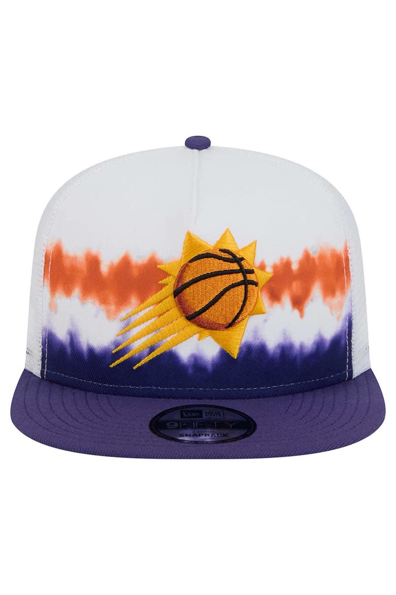 Men's New Era White/Purple Phoenix Suns Dip-Dye 9FIFTY A-Frame Trucker Snapback Hat, Alternate, color, White