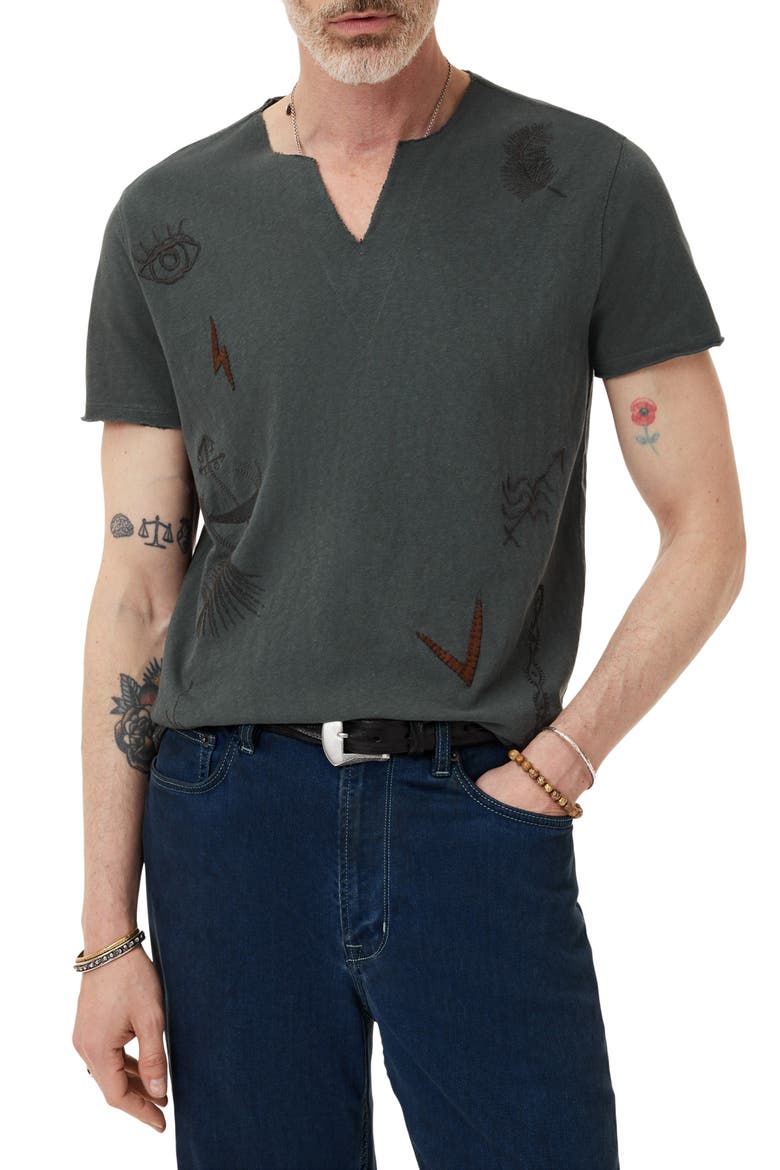 Embroidered Raw Edge Notch Neck Organic Cotton T-Shirt, Alternate, color, DRIED SAGE