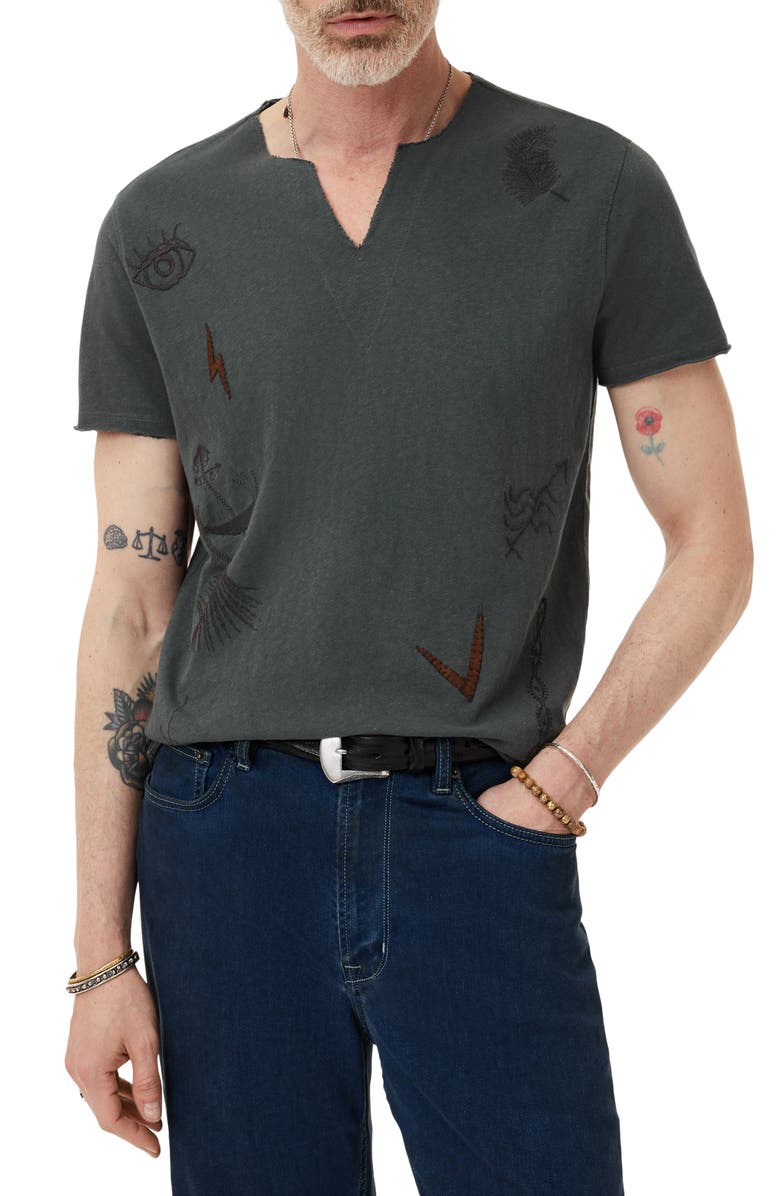 John Varvatos Embroidered Raw Edge Notch Neck Organic Cotton T-Shirt, Alternate, color, Dried Sage
