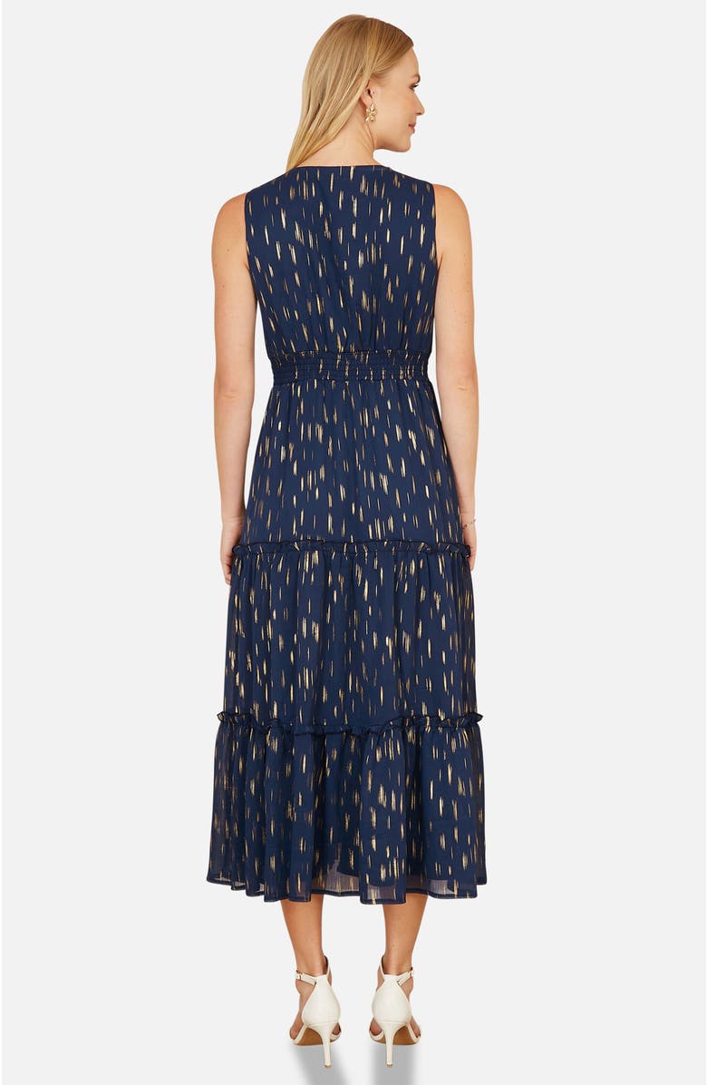 Yumi Foil Print Ruched Waist Midi Dress, Alternate, color, Navy