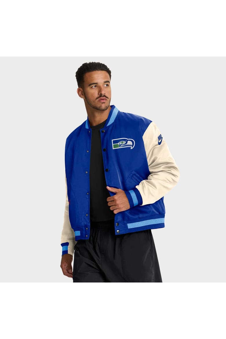 Men's Nike Royal/Cream Seattle Seahawks Rewind Legacy Full-Snap Bomber Jacket, Main, color, Royal