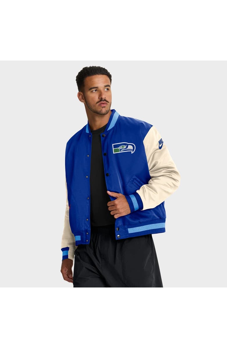 Nike Men's Nike Royal/Cream Seattle Seahawks Rewind Legacy Full-Snap Bomber Jacket, Main, color, Royal