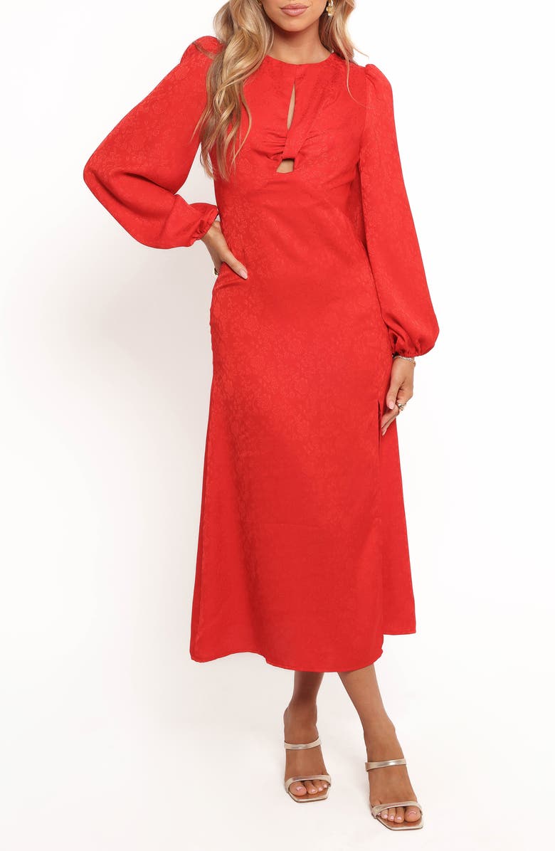 Petal & Pup Laine Long Sleeve Floral Jacquard Midi Dress, Main, color, Red