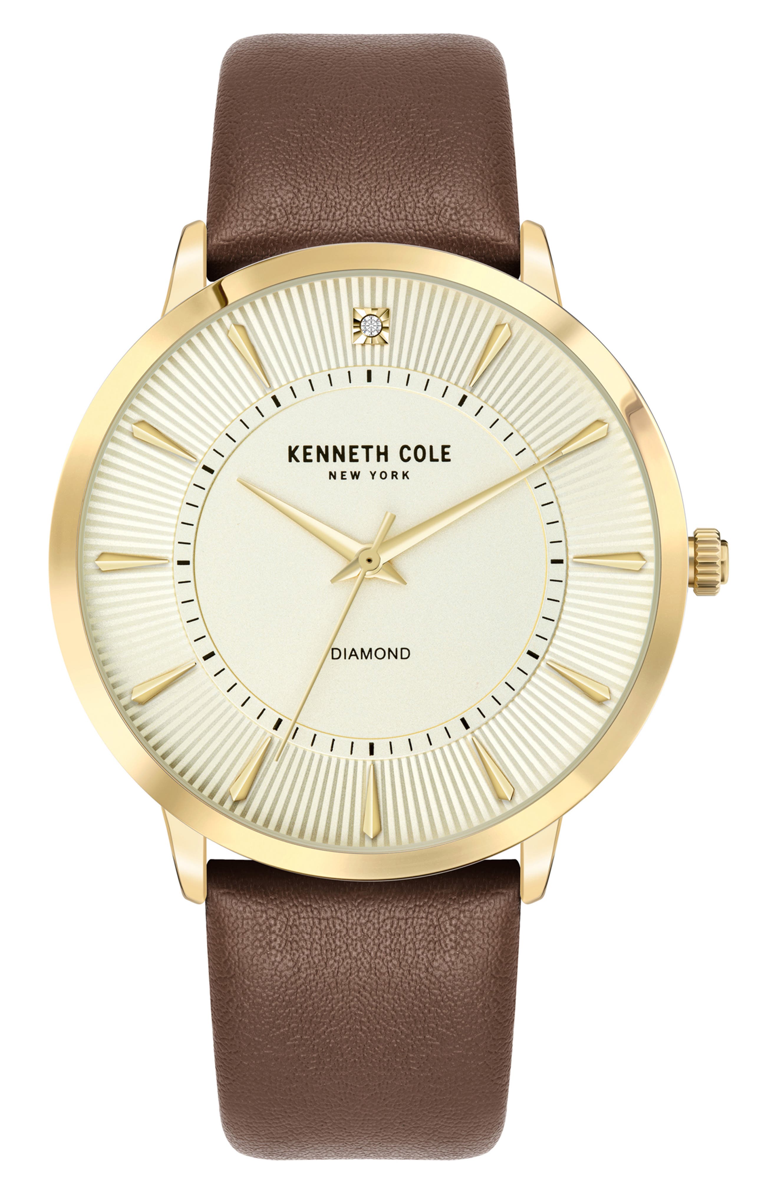 Kenneth Cole New York Diamond Dial Three Hand Quartz Leather Strap Watch, 45mm
