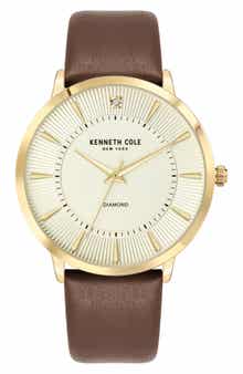 Kenneth Cole New York Diamond Dial Three Hand Quartz Leather Strap Watch, 45mm
