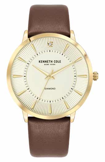 Kenneth Cole New York Diamond Dial Three Hand Quartz Leather Strap Watch, 45mm