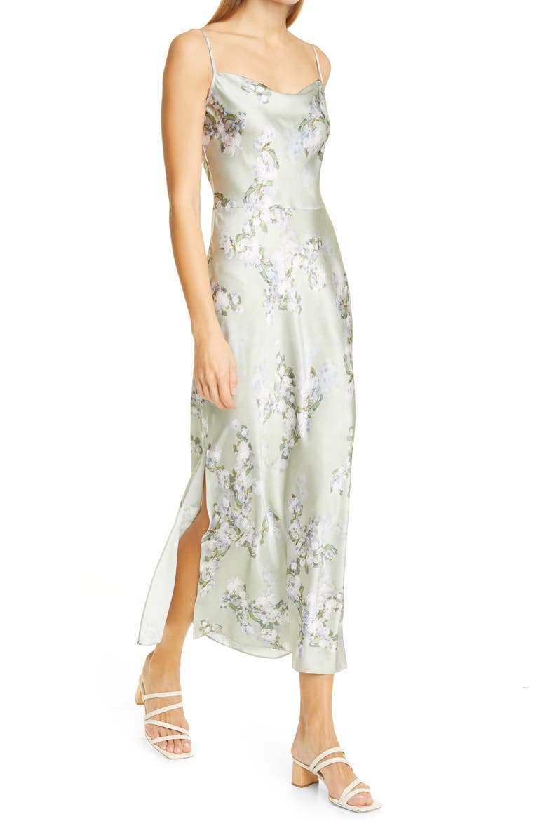 Hazy Blossom Cowl Neck Satin Slipdress, Alternate, color, CELERY