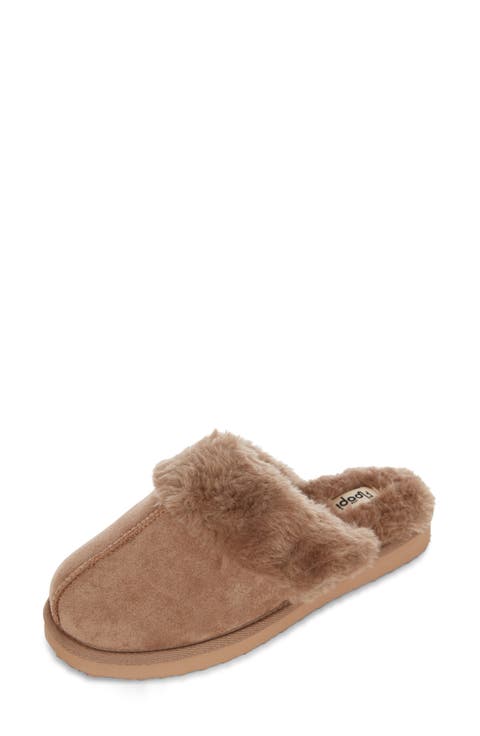 Faux Suede Faux Fur Lined Slipper (Women)