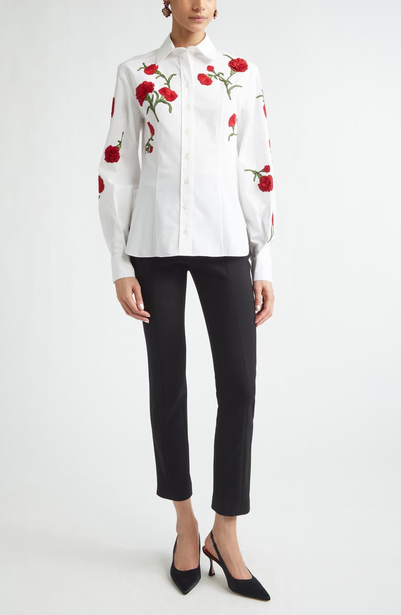 Carolina Herrera Isabella Rose Embroidered Stretch Poplin Button-Up Shirt, Alternate, color, White Multi