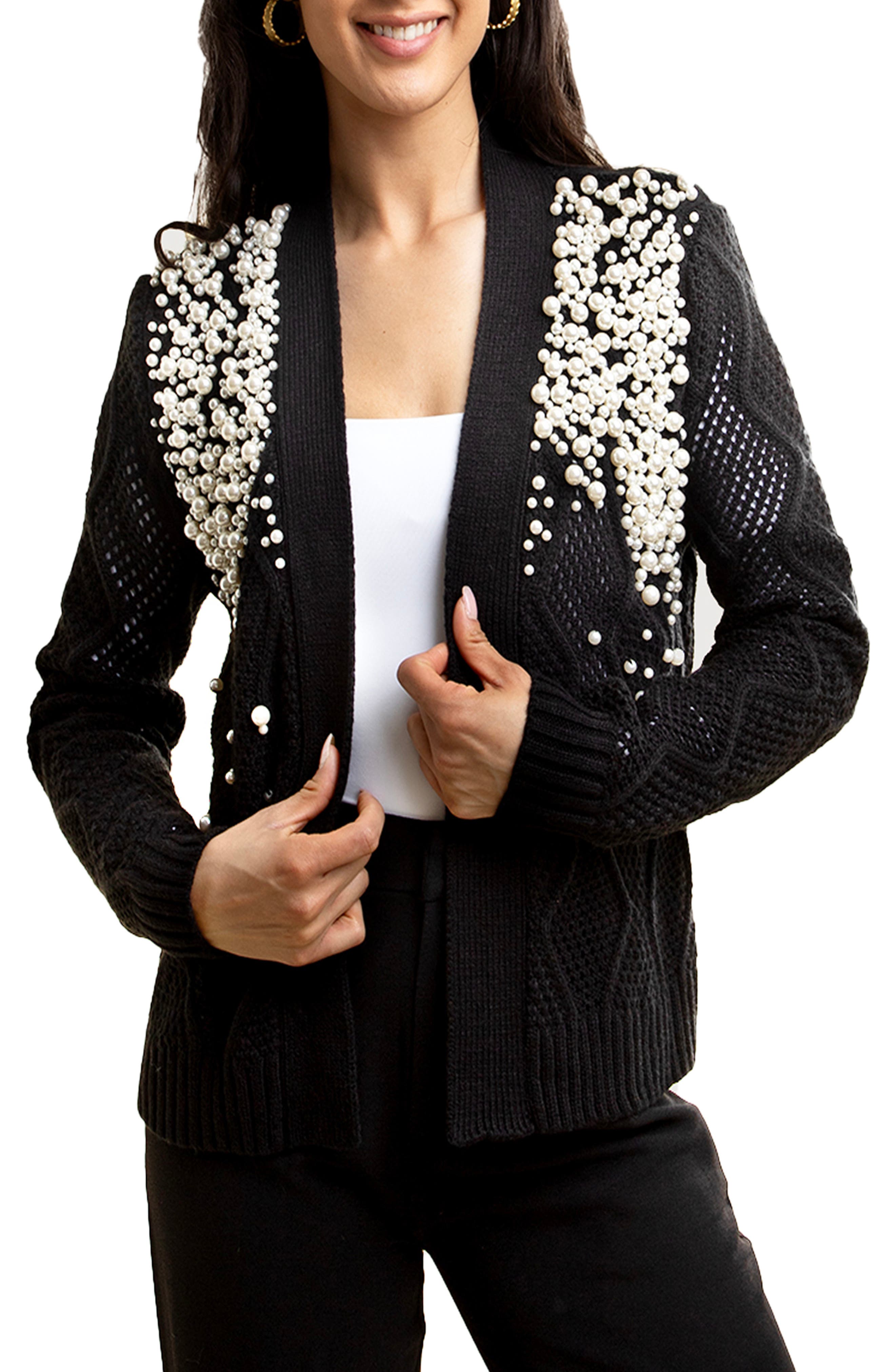 SAACHI Faux Pearl Open Knit Cardigan