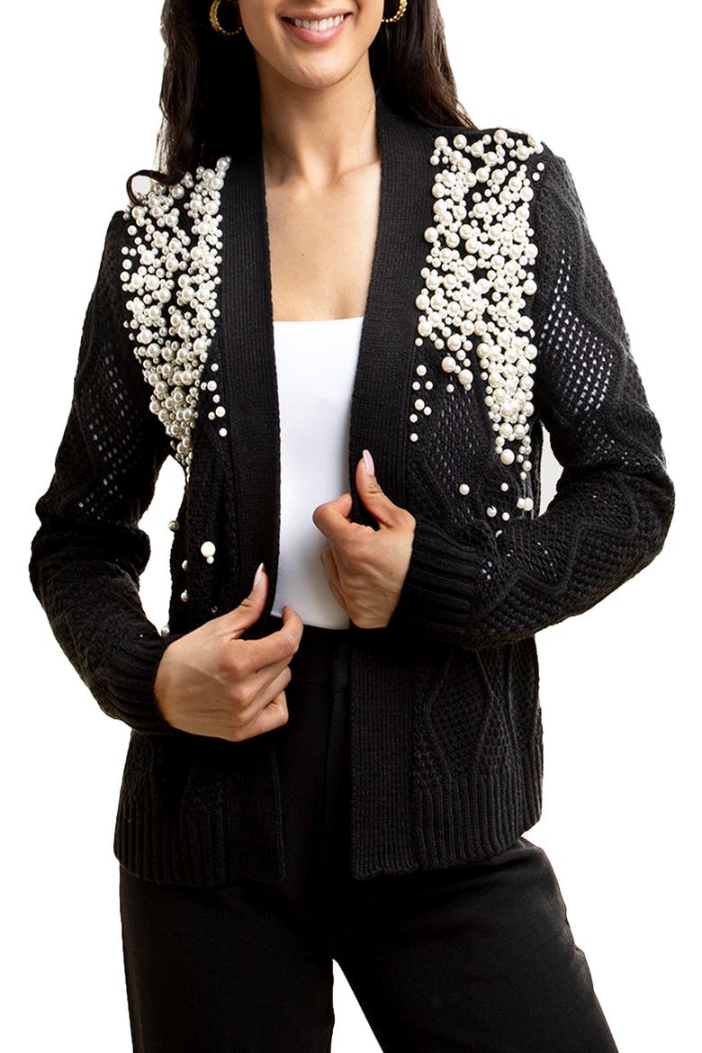 Faux Pearl Open Knit Cardigan, Main, color, BLACK
