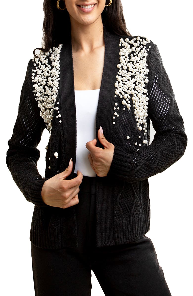 SAACHI Faux Pearl Open Knit Cardigan, Main, color, Black