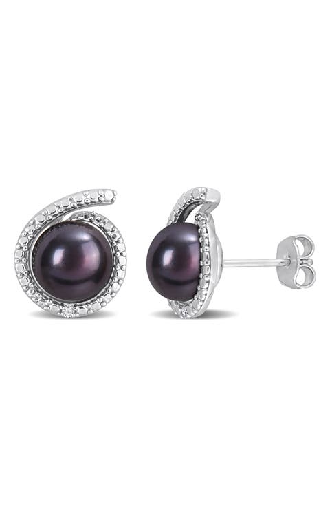 Black Pearl & Diamond Stud Earrings