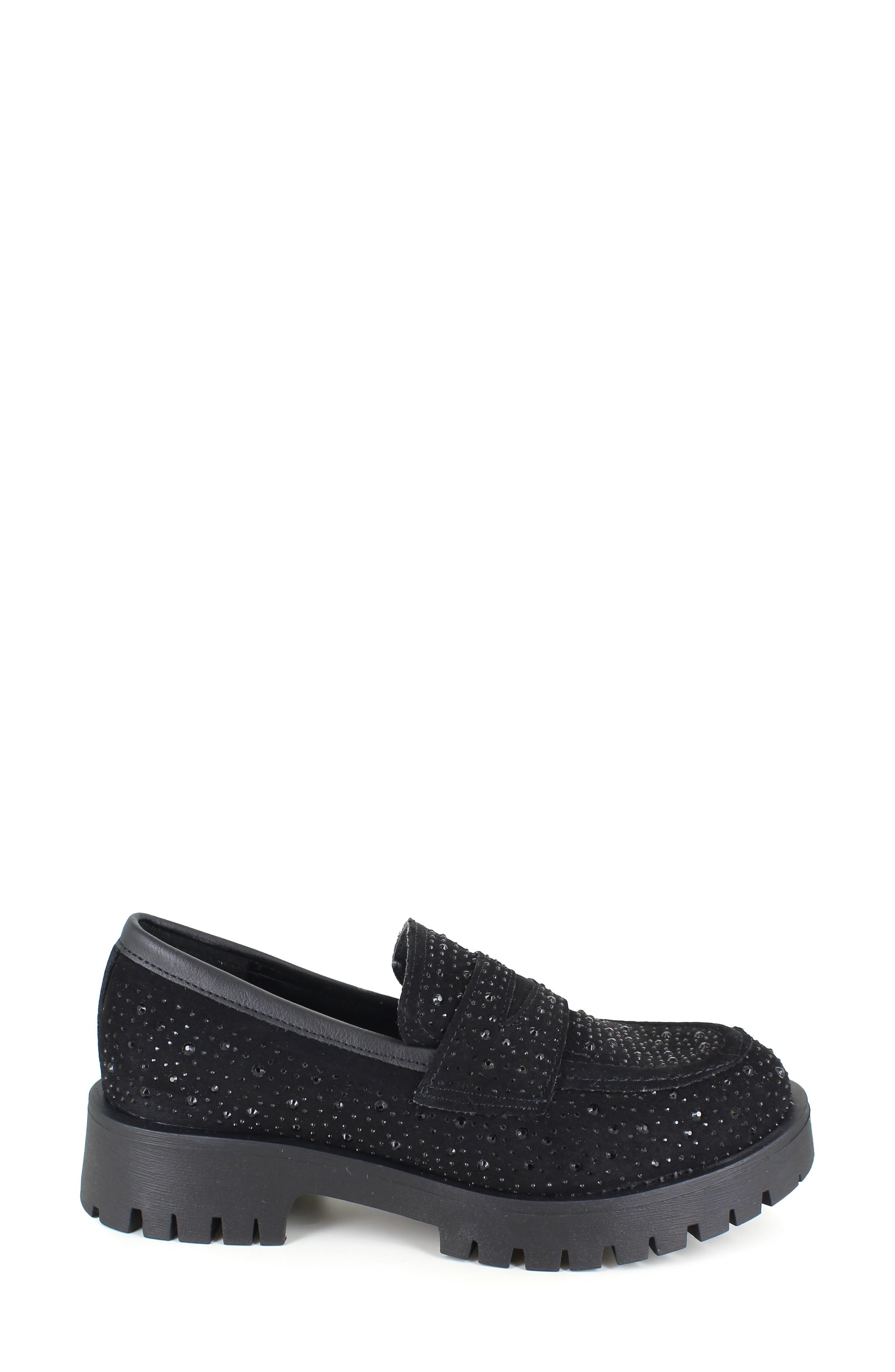 ZIGI Cassondra Rhinestone Embellished Lug Sole Loafer, Alternate, color, Black Suede