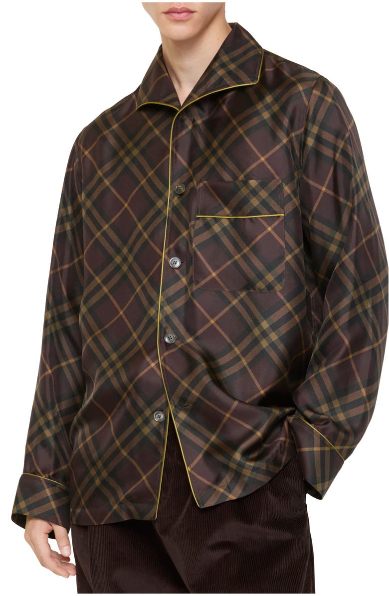 Burberry Check Silk Pyjama Shirt, Main, color, Truffle Brown