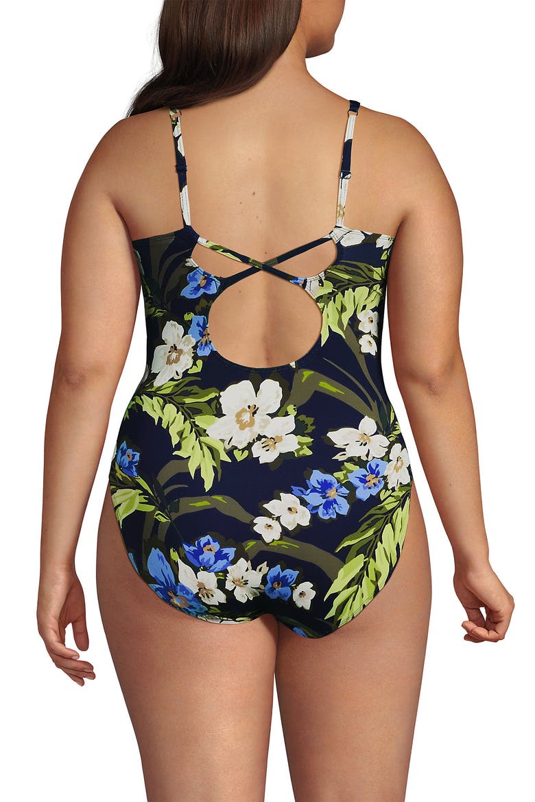 V-Neck High Leg Strappy Back One Piece, Alternate, color, Deep Sea/Blue Floral Tropic