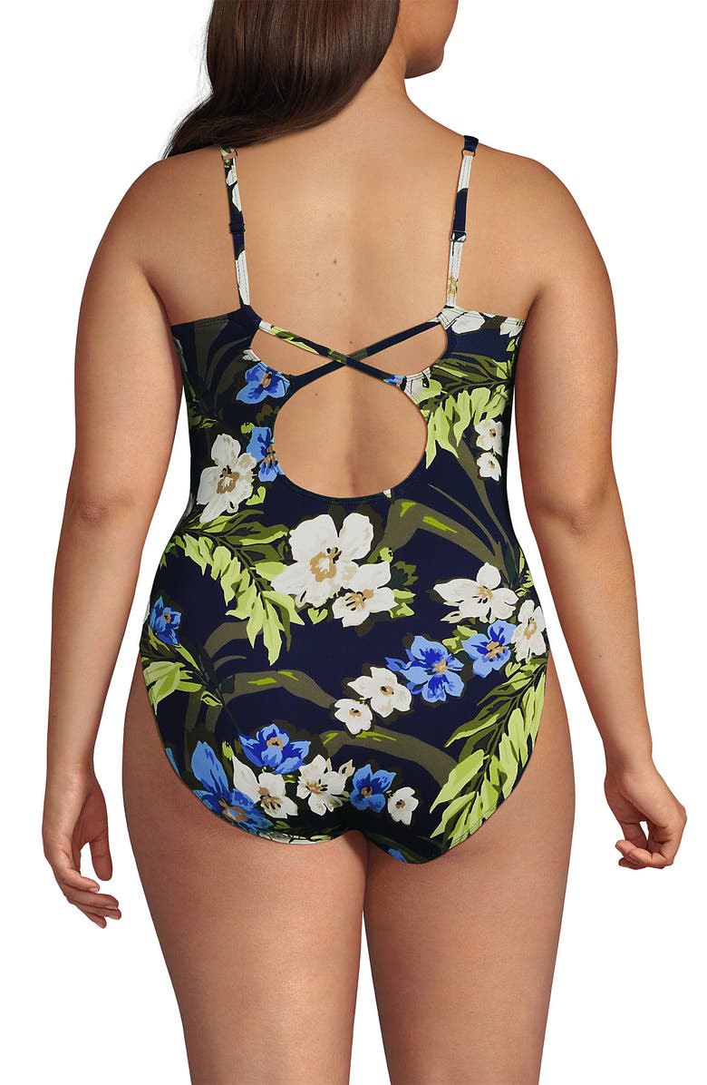 Lands' End V-Neck High Leg Strappy Back One Piece, Alternate, color, Deep Sea/Blue Floral Tropic