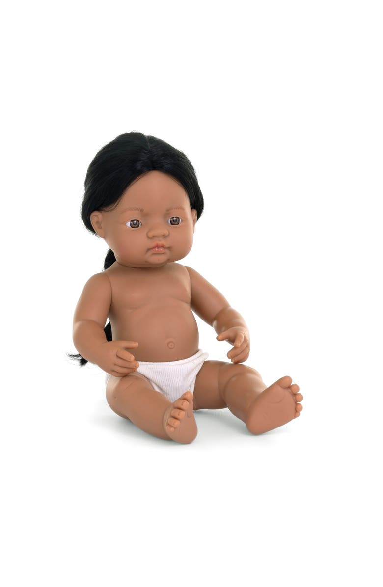 Miniland Native American Baby Doll with Long Black Hair - 15'', Main, color, Brown