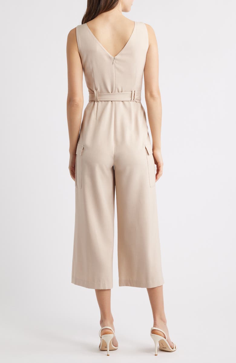 Tahari ASL Tie Waist Sleeveless Stretch Cargo Jumpsuit, Alternate, color, Sand