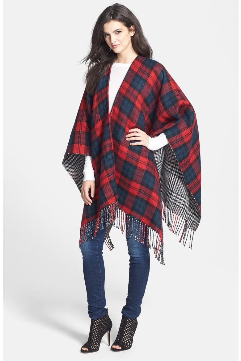 'Double Plaid' Reversible Ruana, Main, color, BLACK/ RED