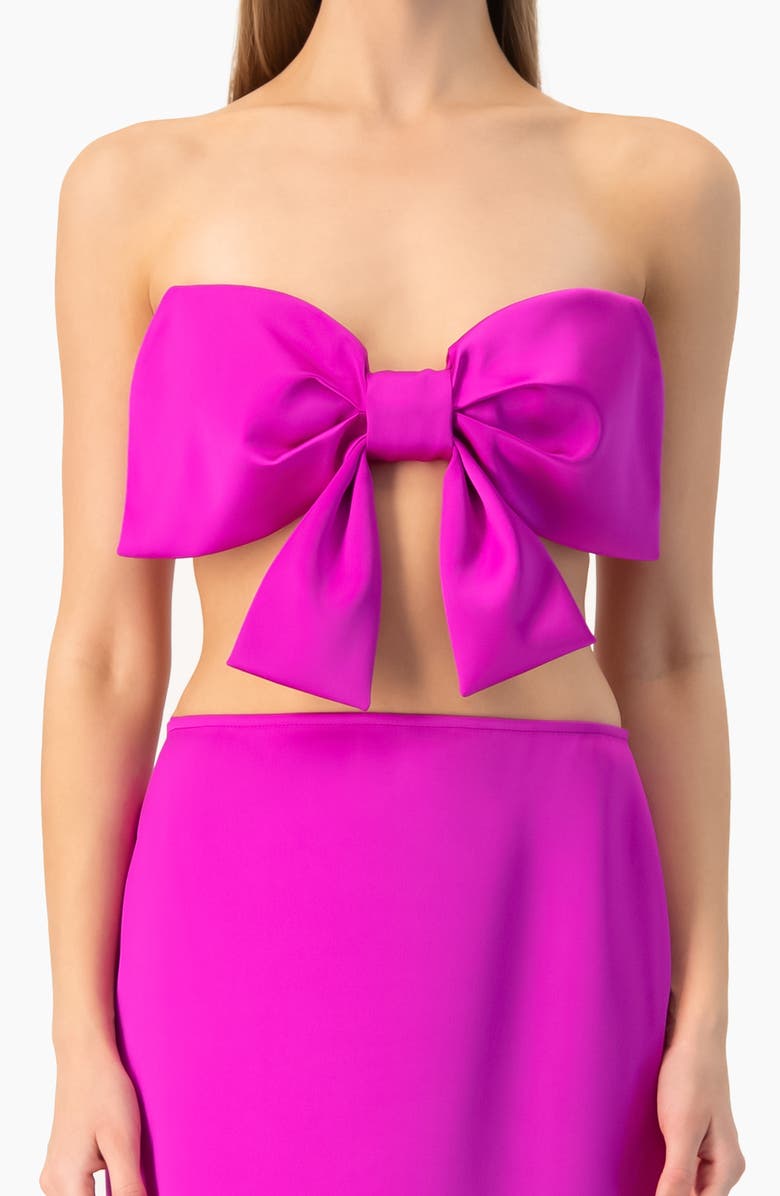 IVONNE Strapless Bow-Front Crop -Top Gown in Satin, Alternate, color, Magenta
