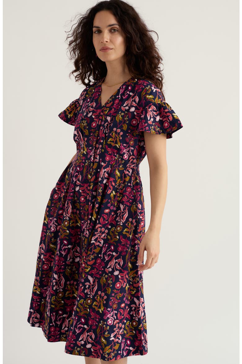 Kerthen Woods Floral Organic Cotton Button-Up Midi Dress, Alternate, color, INKY BOTANICAL MARITIME