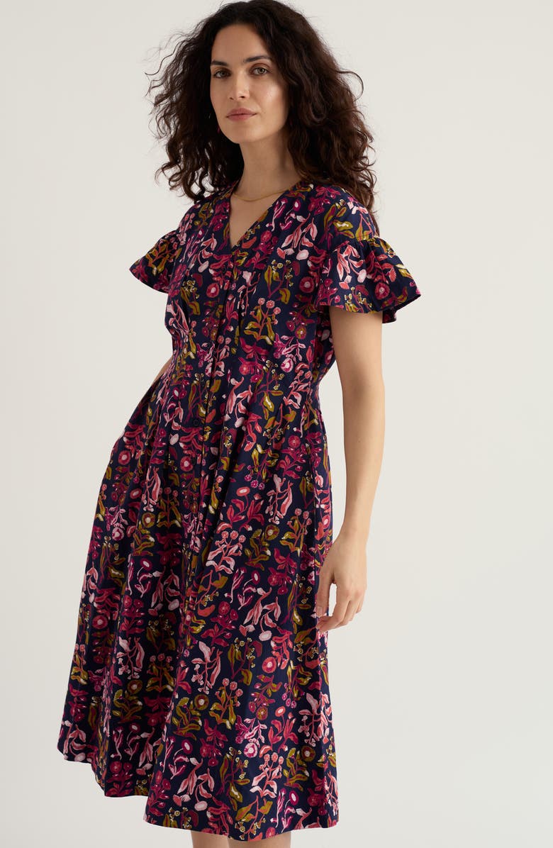 Seasalt Cornwall Kerthen Woods Floral Organic Cotton Button-Up Midi Dress, Alternate, color, Inky Botanical Maritime