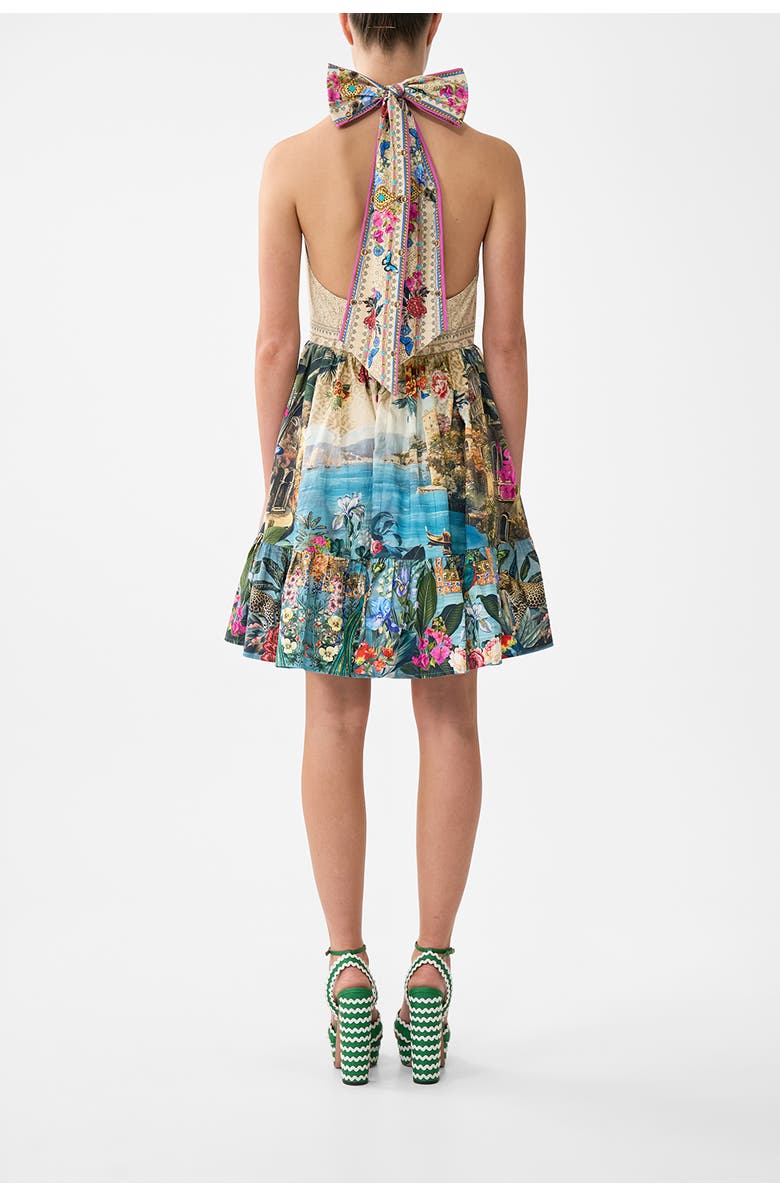 Camilla Ruffle Hem Halter Short Dress, Alternate, color, Bodrum Botanicals