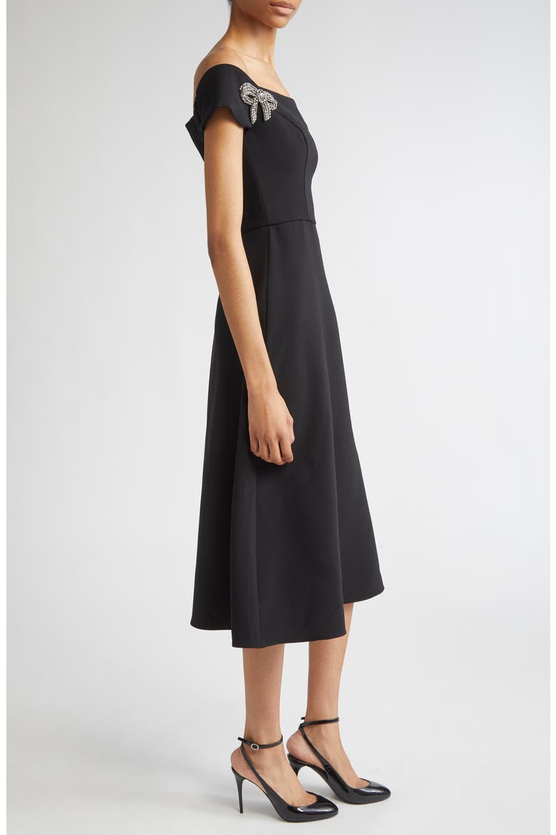 Crystal Bow Off the Shoulder Stretch Crepe Midi Dress, Alternate, color, BLACK