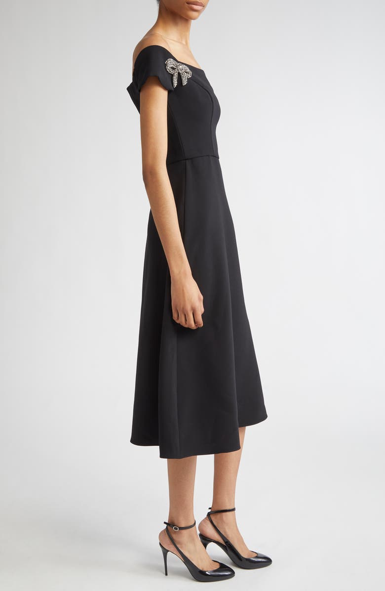 Carolina Herrera Crystal Bow Off the Shoulder Stretch Crepe Midi Dress, Alternate, color, Black