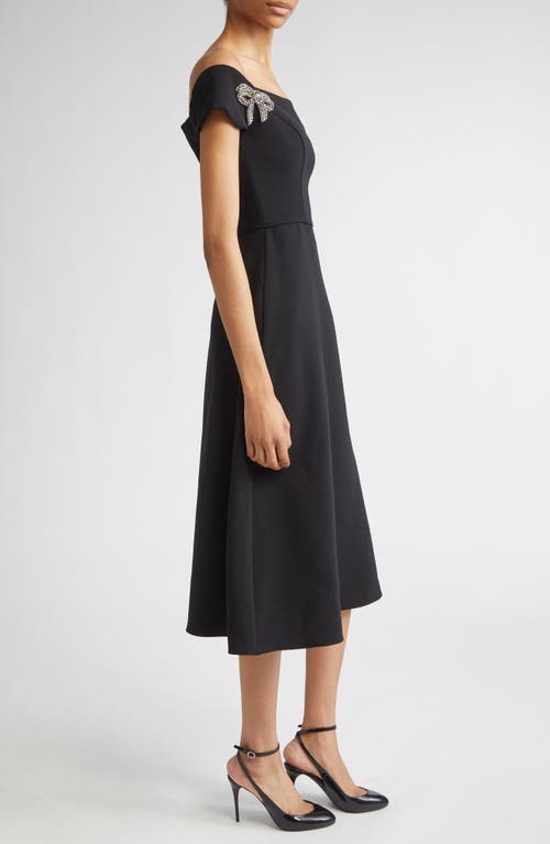Carolina Herrera Crystal Bow Off The Shoulder Stretch Crepe Midi Dress In Black