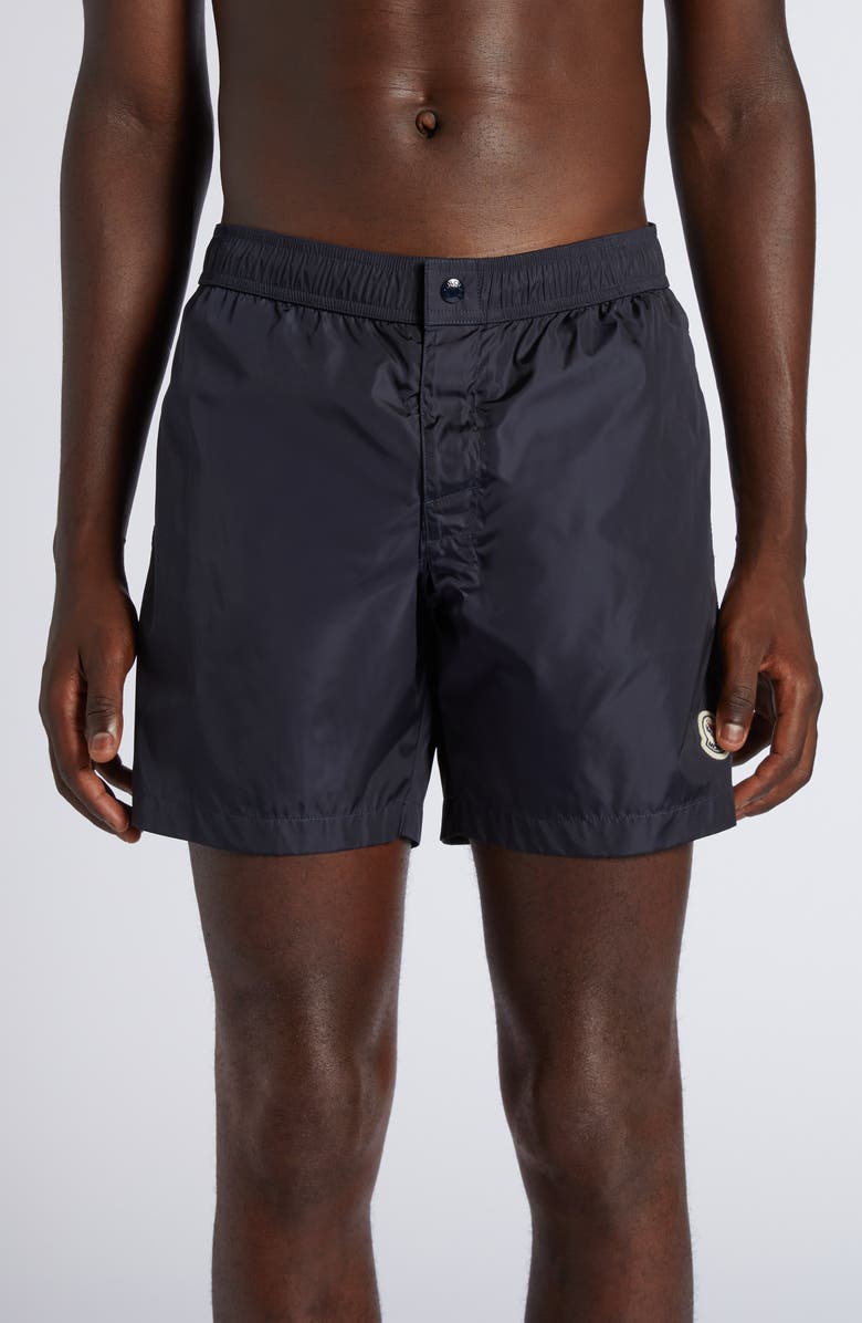 Moncler Logo Patch Swim Trunks, Main, color, Black