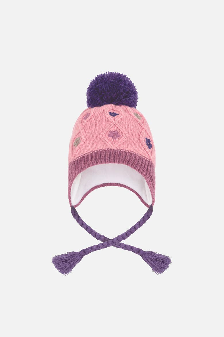 Winter Peruvian Color Block Fleece-Lined Pompom Knit Hat, Main, color, Rose and Mauve