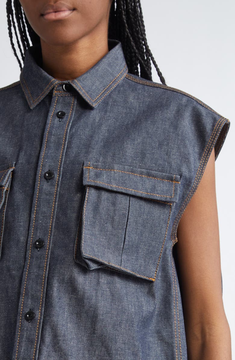 Sacai Pleated Back Mixed Media Denim Shirt, Alternate, color, 