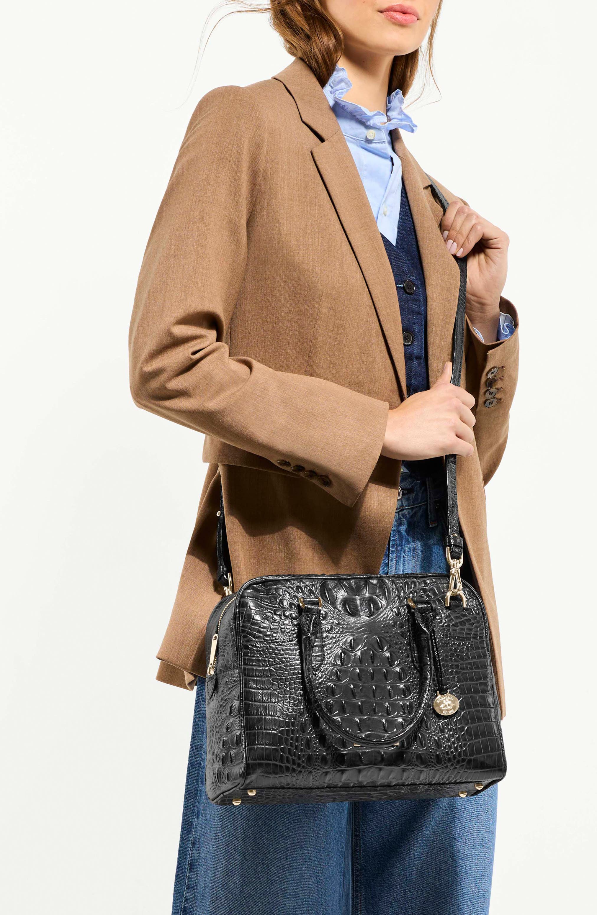Brahmin Marissa Croc Embossed Leather Satchel, Alternate, color, Black Alden Road