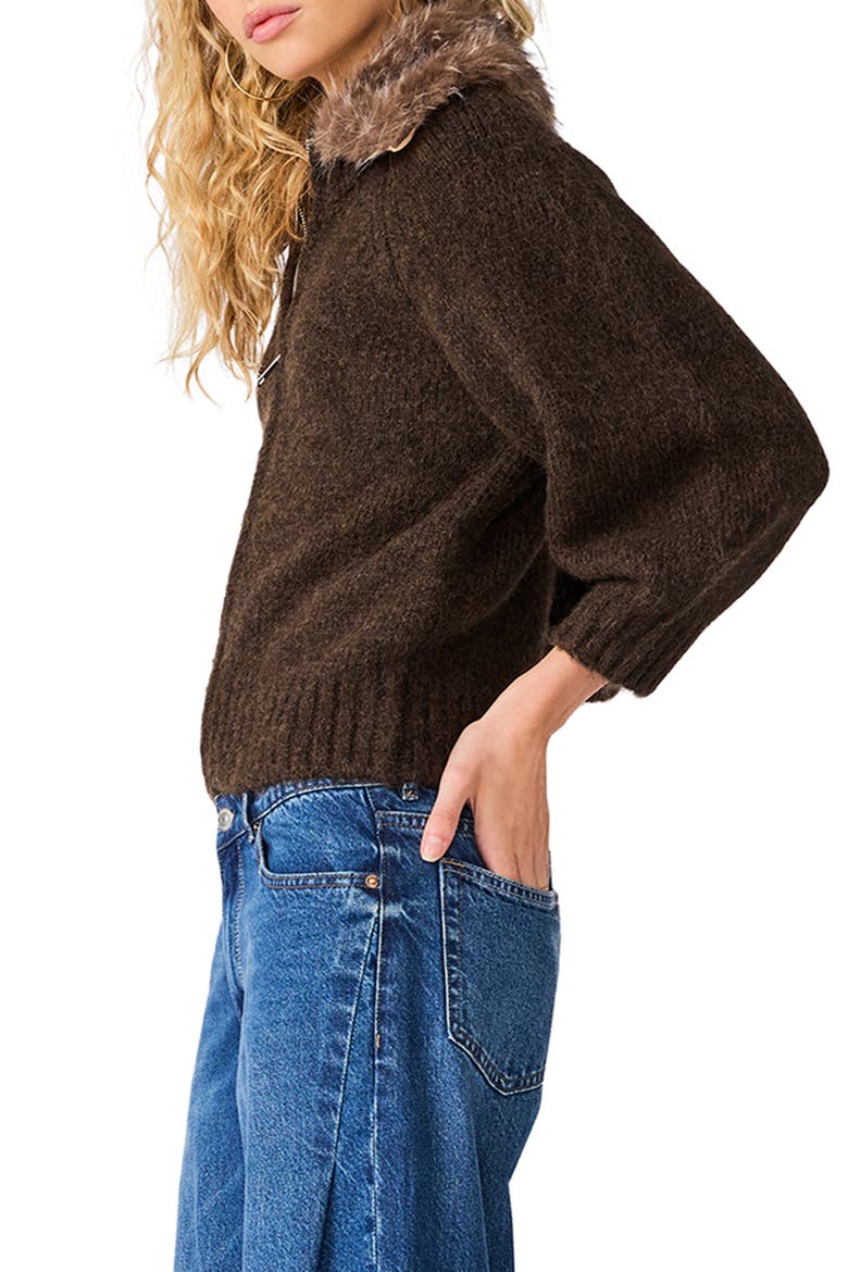 Odessa Faux Fur Collar Zip Sweater, Alternate, color, DARK ESPRESSO