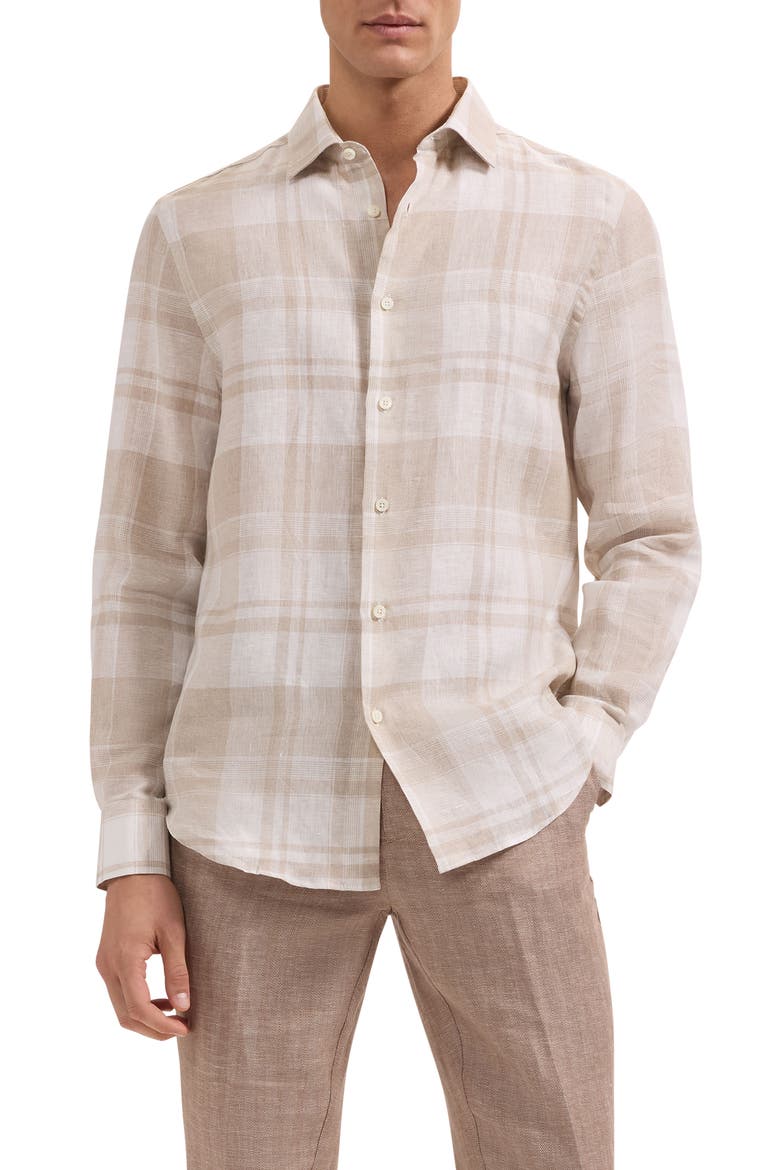 Julian Shaped Fit Plaid Linen Button-Up Shirt, Main, color, SAND