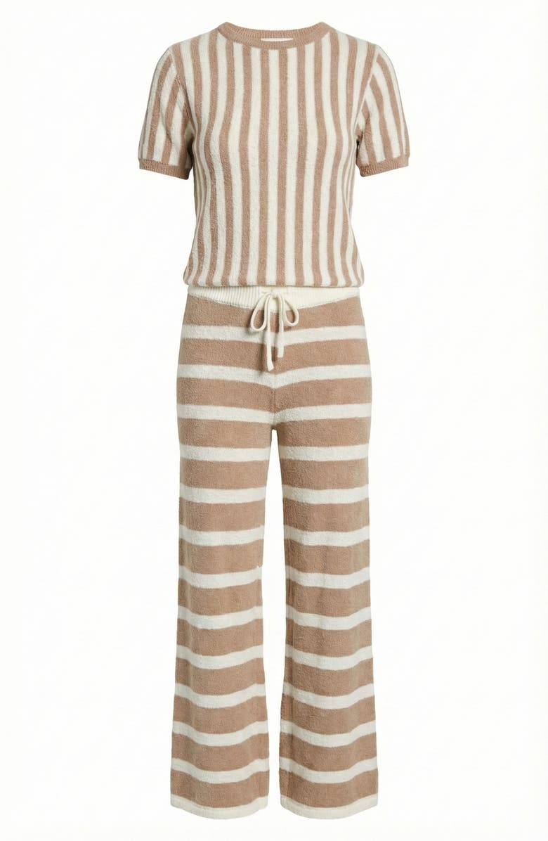 Modenaire Striped Short Sleeve Knit Top and Wide Leg Pants Lounge Set with Drawstring, Alternate, color, 