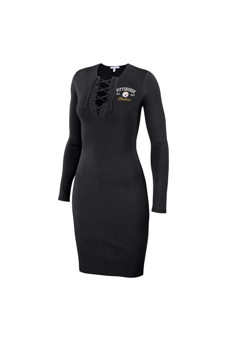 Women's WEAR by Erin Andrews Black Pittsburgh Steelers Lace Up Long Sleeve Dress, Alternate, color, Black