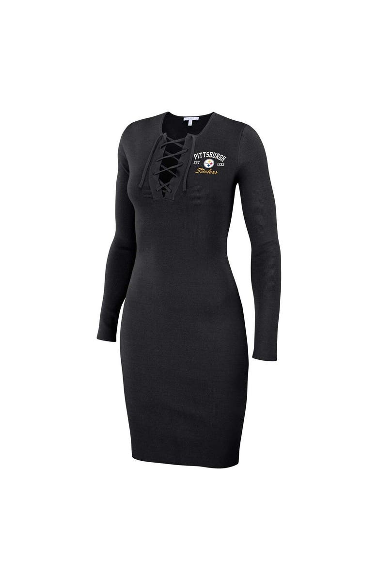 WEAR by Erin Andrews Women's WEAR by Erin Andrews Black Pittsburgh Steelers Lace Up Long Sleeve Dress, Alternate, color,